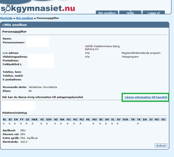 Skärmdump på Personuppgifterssidan från sokgymnasiet.nu 
