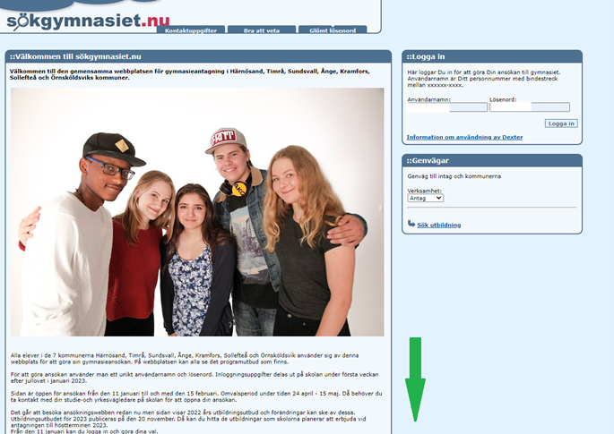 Skärmdump av webbsidan sokgymnasiet.nu visar inloggningsrutan och genvägar, tillvänster rutan med bild på fem elever