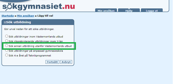 Skärmdump från sokgynmasiet.se med grön markering kring alternativ "Sök annan utbildning utanför Västernorrlands utbud"