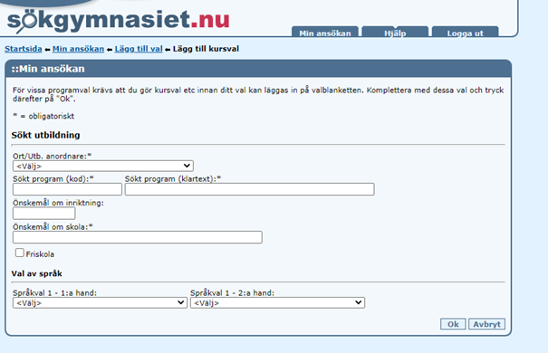 Skärmdump som visar alternativen för ansökan utanför Västernorrlands utbud